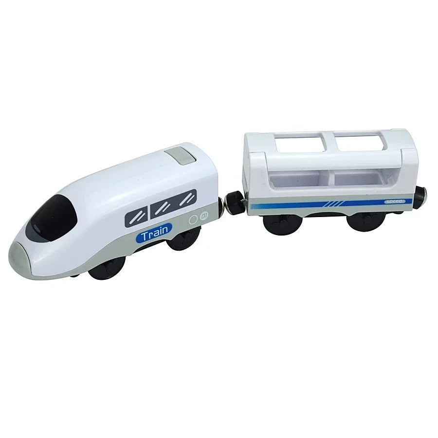 Magnetischer elektrischer Zug Lokomotive Holzeisenbahn Schlitz Diecast Eisenbahn mit zwei Waggons Zug Holz Kinderspielzeug Biro Leduo Strecke