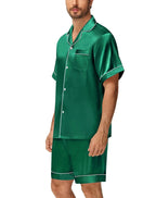 Herren Pyjama-Set aus seidigem Satin, 2-teilig, Kurzarm-Hemd mit Revers und Brusttasche und Shorts, glatter Griff, weiche Nachtwäsche, gemütliche Nachthemden