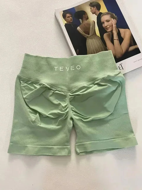 TEVEO Damen Yoga Shorts Dehnbar Atmungsaktiv Peach Butt Lift Fitness Laufshorts High Waist Stretch Schweißableitend