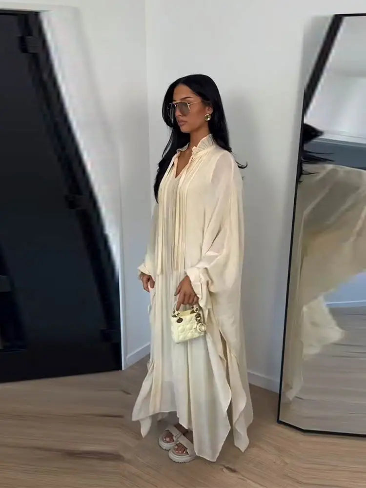 Maxikleid Damenkleider Fledermausärmel Beige Rüschen Bindekragen Plissiert Oversized Damenbekleidung Freizeitkleidung Sommer-Outfit
