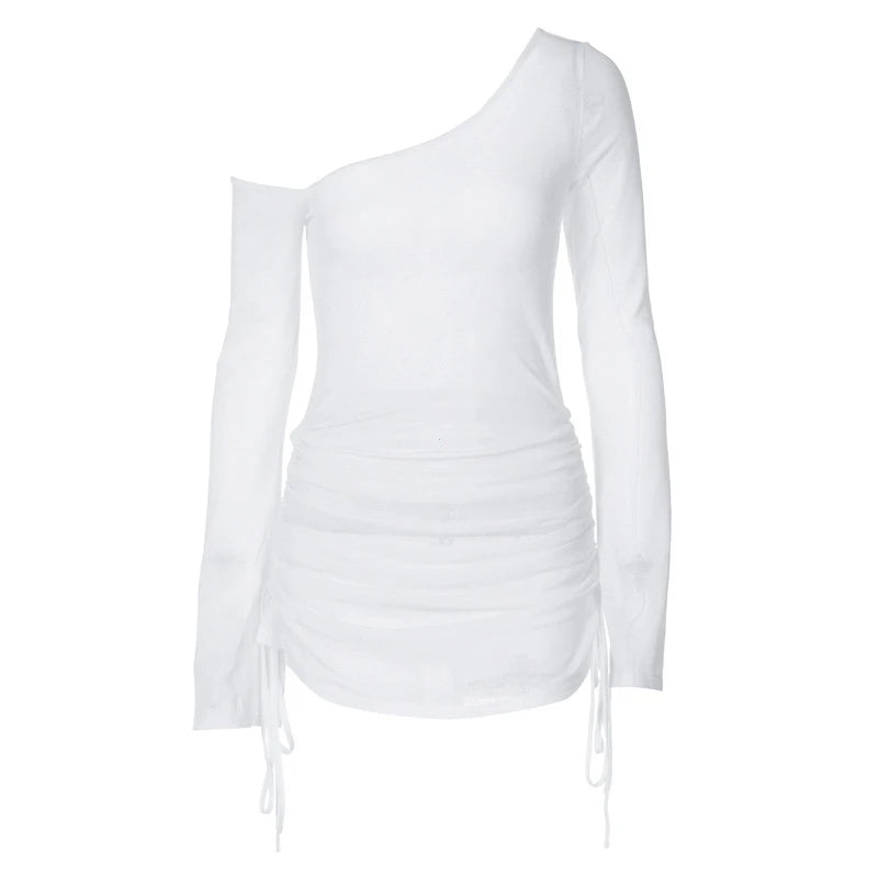 Solides schräges Kragen-Kleid mit Raffungen, Schnürung, transparent und Kordelzug, Minikleid Sommer 2025 Damen Party Clubwear Großhandel