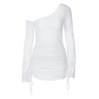 Solides schräges Kragen-Kleid mit Raffungen, Schnürung, transparent und Kordelzug, Minikleid Sommer 2025 Damen Party Clubwear Großhandel