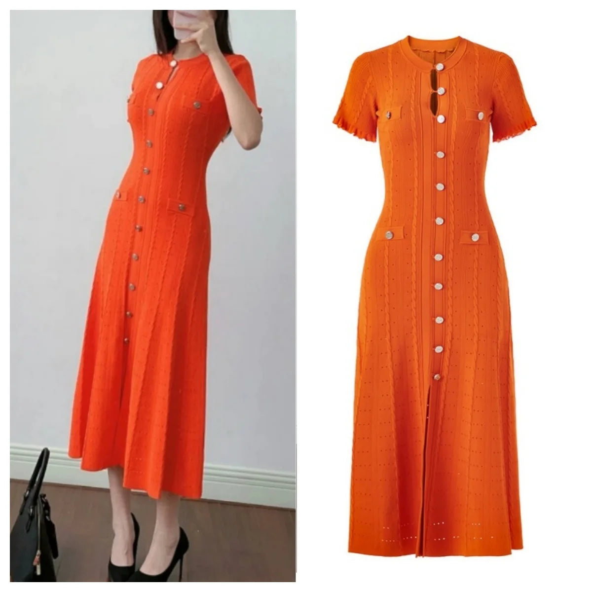 Sommer einfarbig Rundhals Kurzarm Business-Kleid Damen Koreanisch Einreiher Ausgeschnittenes langes Kleid Modetrend