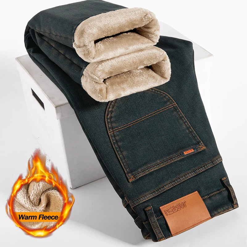 Hochwertige Winterjeans Herren Warme Fleece Verdickte Elastische Denim Hose Fashion Straight Elastische Retro Plüsch Samthose