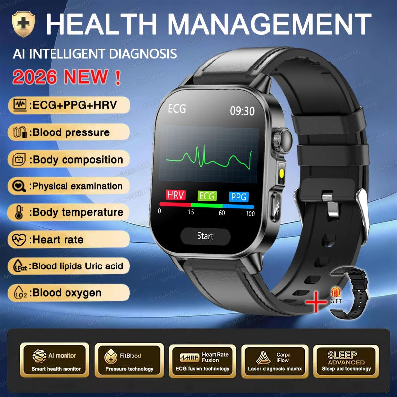 Neue Herren Smartwatch für präzise Gesundheitsdiagnose: EKG, Blutdruck, Blutsauerstoff, Blutfett, Harnsäure, Temperatur, Bluetooth-Anruf