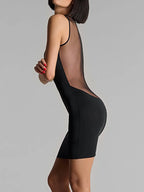 Y2K E-Girl Mesh-Panel V-Ausschnitt Bodycon Minikleid Damen Schwarz Ärmellose Clubwear
