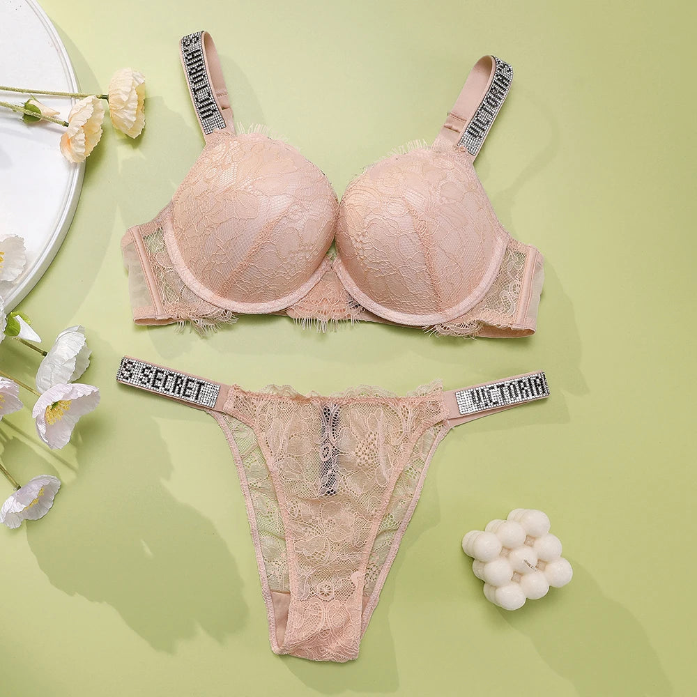 BH- und Höschen-Set Bequeme Push-up-Shapewear Verstellbar Gepolstert Gerafft Neu V-Spitze Dessous-Set Damen Sexy