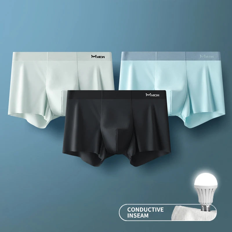 MIIOW 3er-Pack Ice Silk Herrenunterwäsche Boxer Metallfaser Antistatisch Herrenunterhosen Nahtloser Schnitt Saum Herren Slips Boxershorts Trunks