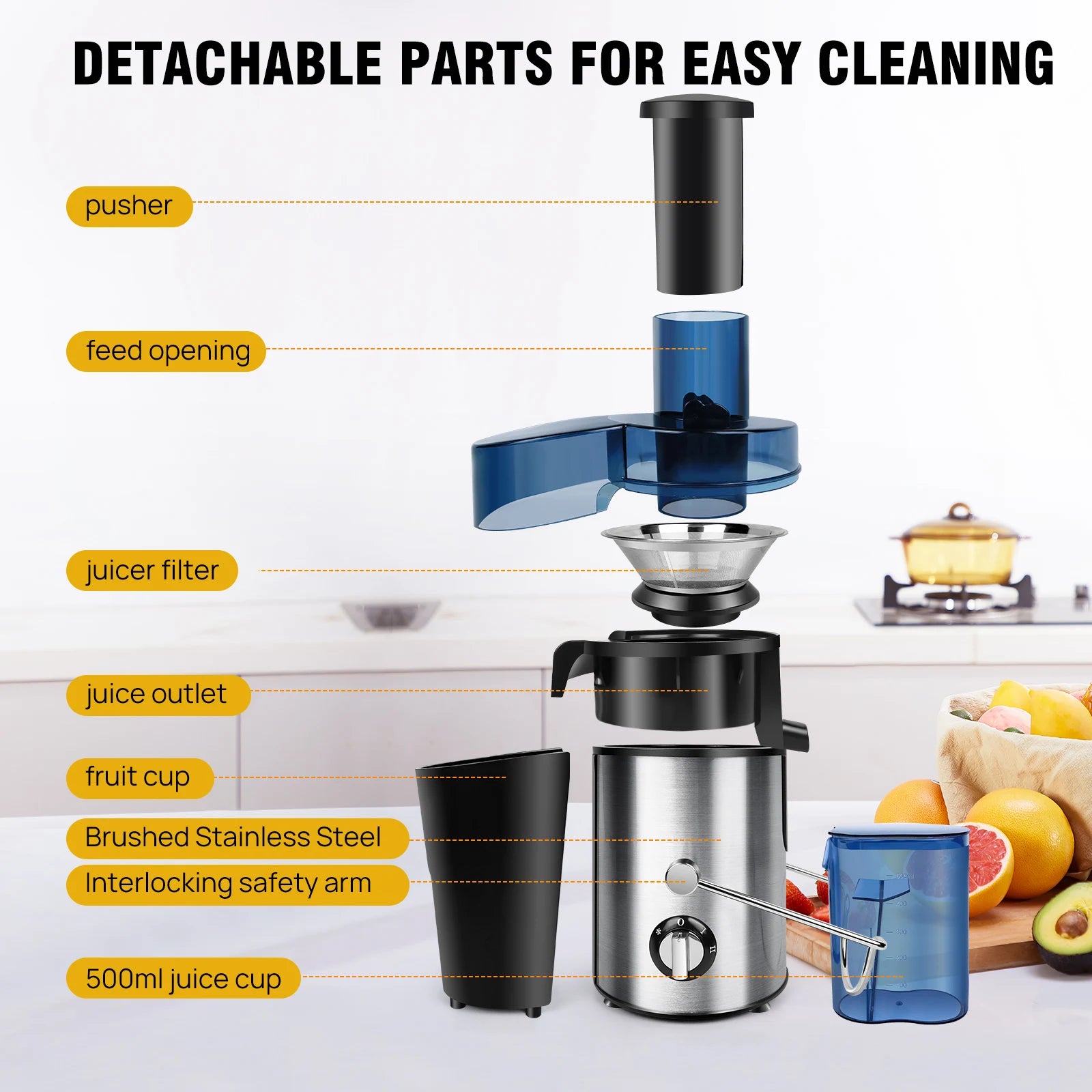 BRIEFNESS Entsafter Zentrifugalentsafter Ganze Früchte Gemüse 500W 65mm Weite Öffnung 2 Geschwindigkeiten 500ml Effizienter Saftbereiter