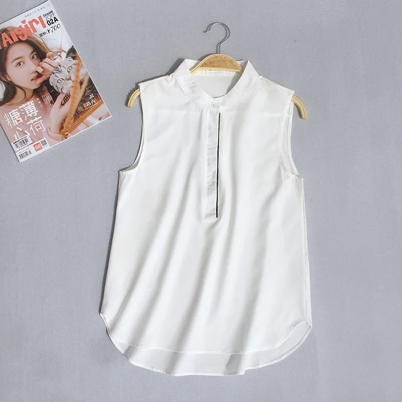 #2503 Damen Tops Und Blusen Ärmelloses Hemd Frauen Sommer Dünnes Weste Pullover Knopf Basic Top Chiffon Rot Weiß Schwarz Polokragen