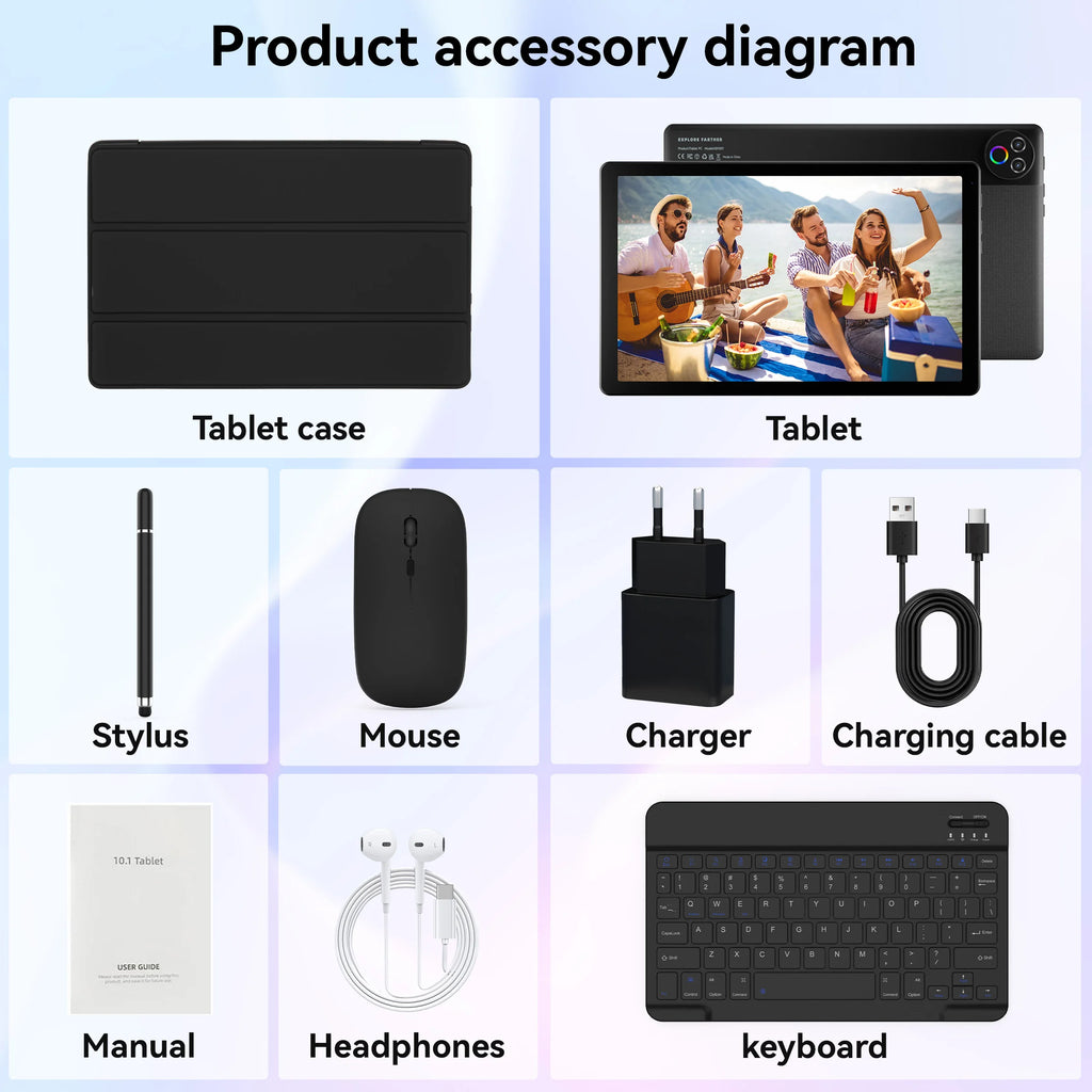 URAO Android 15 Tablet 10,1 Zoll 20GB RAM 64GB ROM 5-Kern Dual Kamera Tablets PC Set Tastatur/Hülle/Maus/Stylus/Kopfhörer