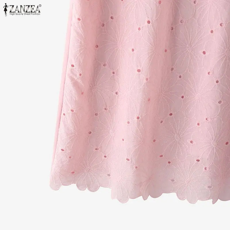 ZANZEA Sommerkleider für Damen, Lochstickerei, O-Ausschnitt, halbe Puffärmel, kontrastfarbene Borte, knielanges Kleid, lässige A-Linien-Roben