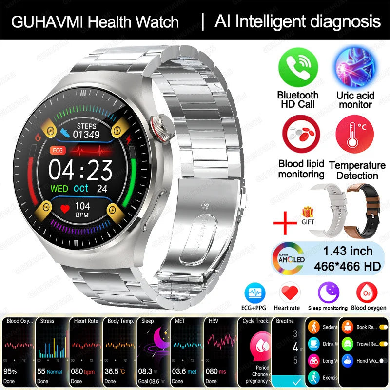 2025 Neue Smartwatch für die Krankenpflege: Blutsauerstoff, Blutfett, Harnsäure, EKG+PPG, Körpertemperatur, Bluetooth-Anruf, Gesundheits-Smartwatch