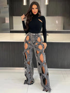 CM.YAYA Damen Vintage Cutout Hollow Out Criss Cross Gerade Denim Hose 2024 Mode INS High Waist Weite Beine Jeans Hose