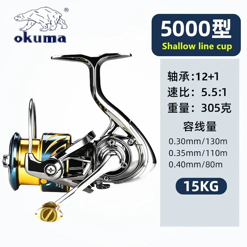 Okuma Ganzmetall-Angelrolle mit flacher Spule 15 kg Korrosionsschutz Salzwasser Spinnrolle 1000-5000