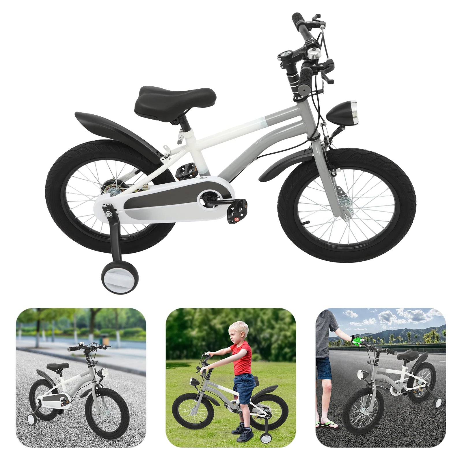 16 Zoll Kinderfahrrad Carbonstahl Mountainbike mit Stützrädern & LED-Licht für 5-8 Jahre, Höhenverstellbar, 60kg