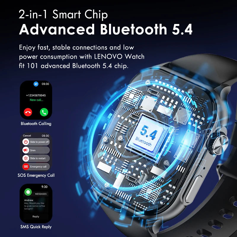 Lenovo 2026 Smartwatch 1,96" HD AMOLED Display Herzfrequenz-Gesundheitsüberwachung Bluetooth-Sprachanrufe Smartwatch für Android IOS