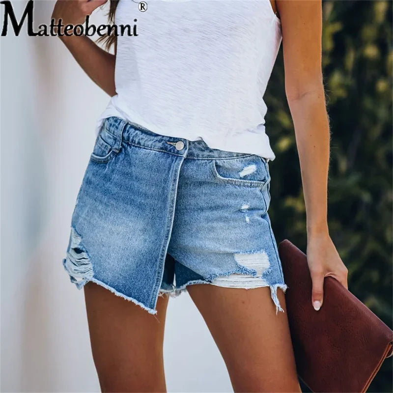2024 Sommer neue Damen Ripped Repaired Denim Shorts Hohe Taille Bodycon Distressed Hole Bottoms Lässige Taschen Sexy Kurze Jeans
