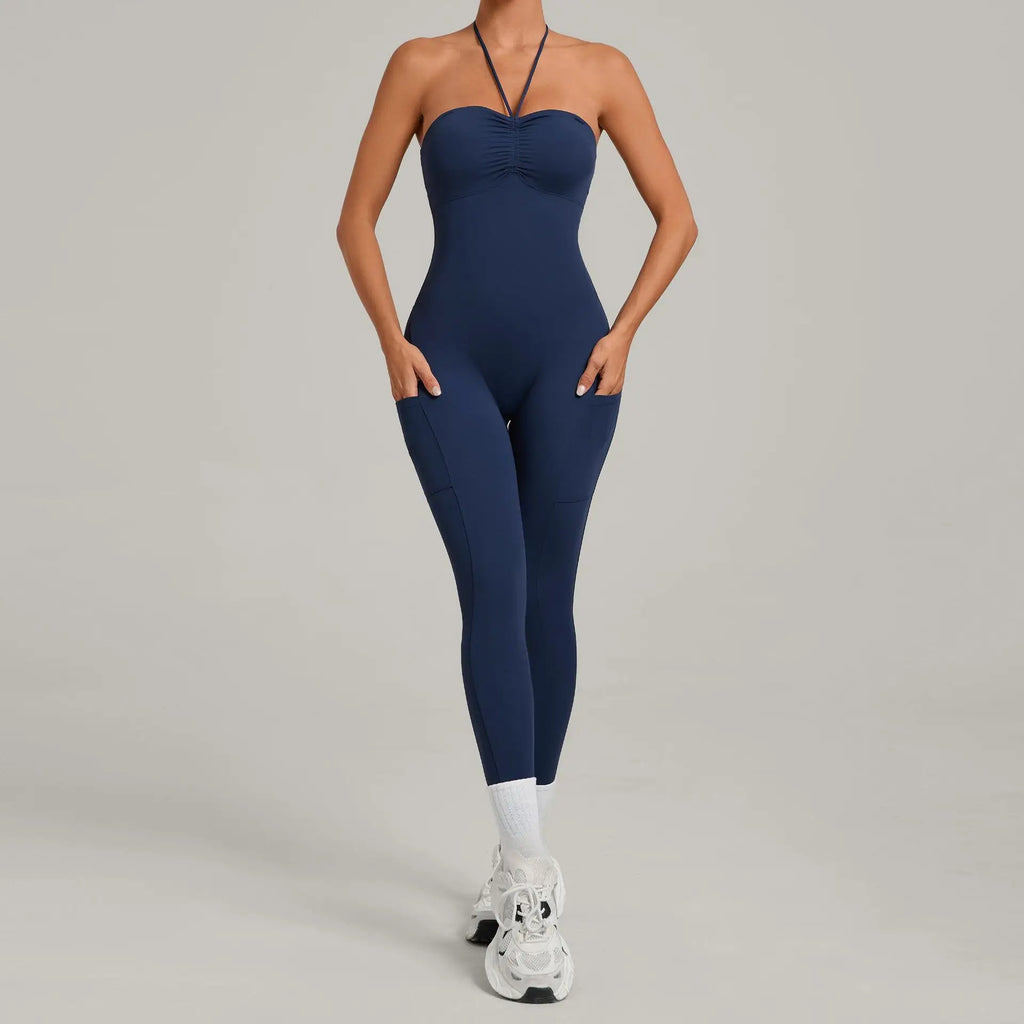 Damen Yoga Jumpsuits Sport Fitness Einteiler Schönheits-Rückengurt Tasche Hüfthebend Slim Fit Laufen Workout Training Bodysuit