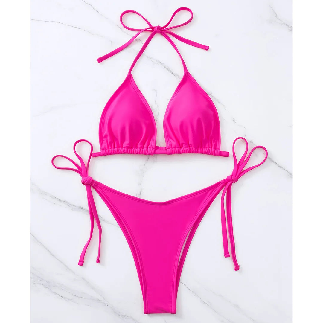 7 Farben Neckholder Brasilianischer Bikini Damen Bademode Weiblicher Badeanzug Zweiteiliges Bikini-Set Gepolsterter Badeanzug Damen V3536