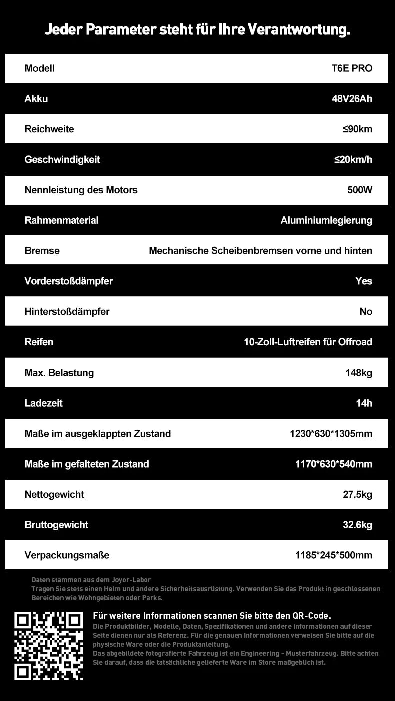 JOYOR T6E PRO ABE Erwachsenen-Elektroroller 500W Motor 48V26AH Akku E-Mountain Escooter 10" Offroad-Reifen Faltbarer E-Scooter