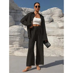 Große Größen Casual Locker Zweiteiler Weites Bein Hose Langarmshirt Hellbeige Street Style Elegant Qualität Polyester Somm...