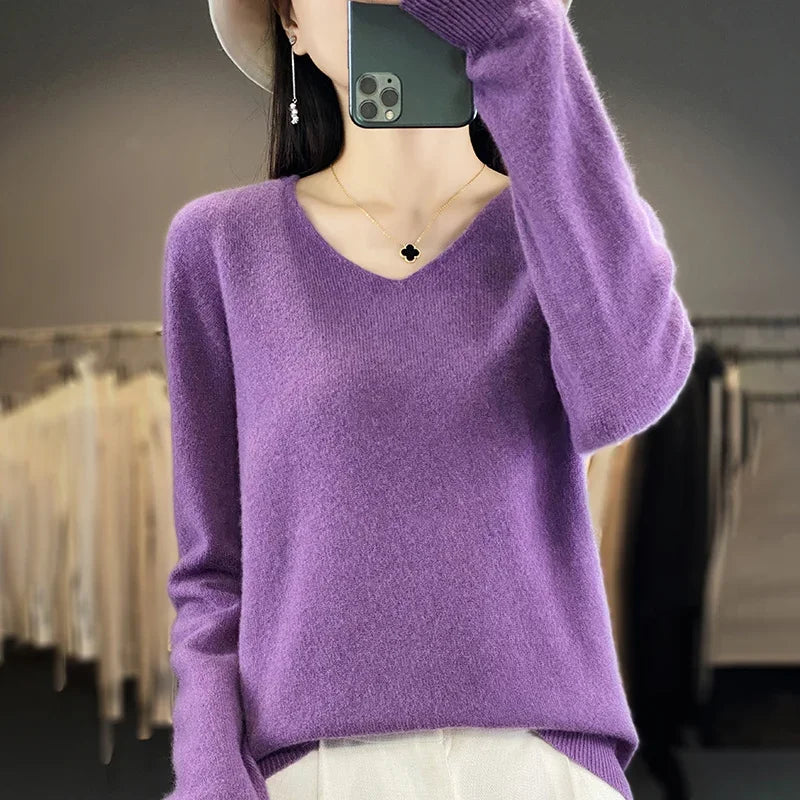 Damen 100% Merinowolle Pullover V-Ausschnitt Basic Pulli Herbst Winter Kaschmir Kleidung Langarm Weiche Strickware Oberteile Unifarben