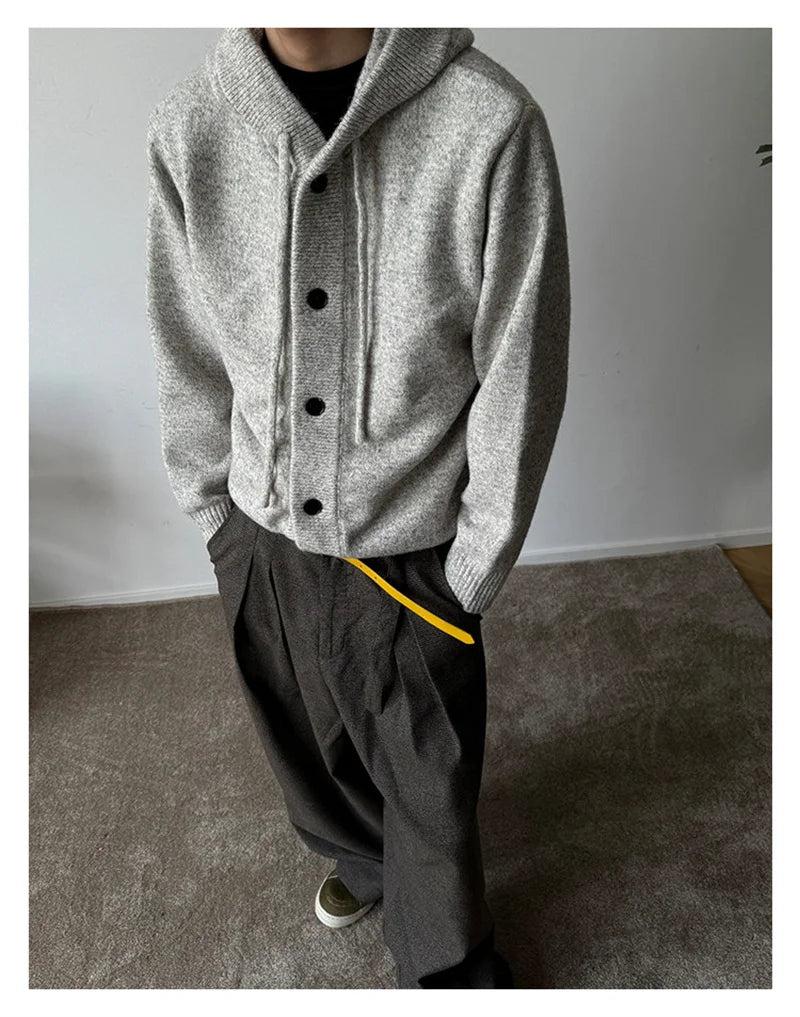 Neue lässige Luxus Strickjacke mit Kapuze für Herren Koreanische Mode Lockerer Cardigan mit Knopfleiste Y2K Vintage Streetwear Strickwaren Mantel