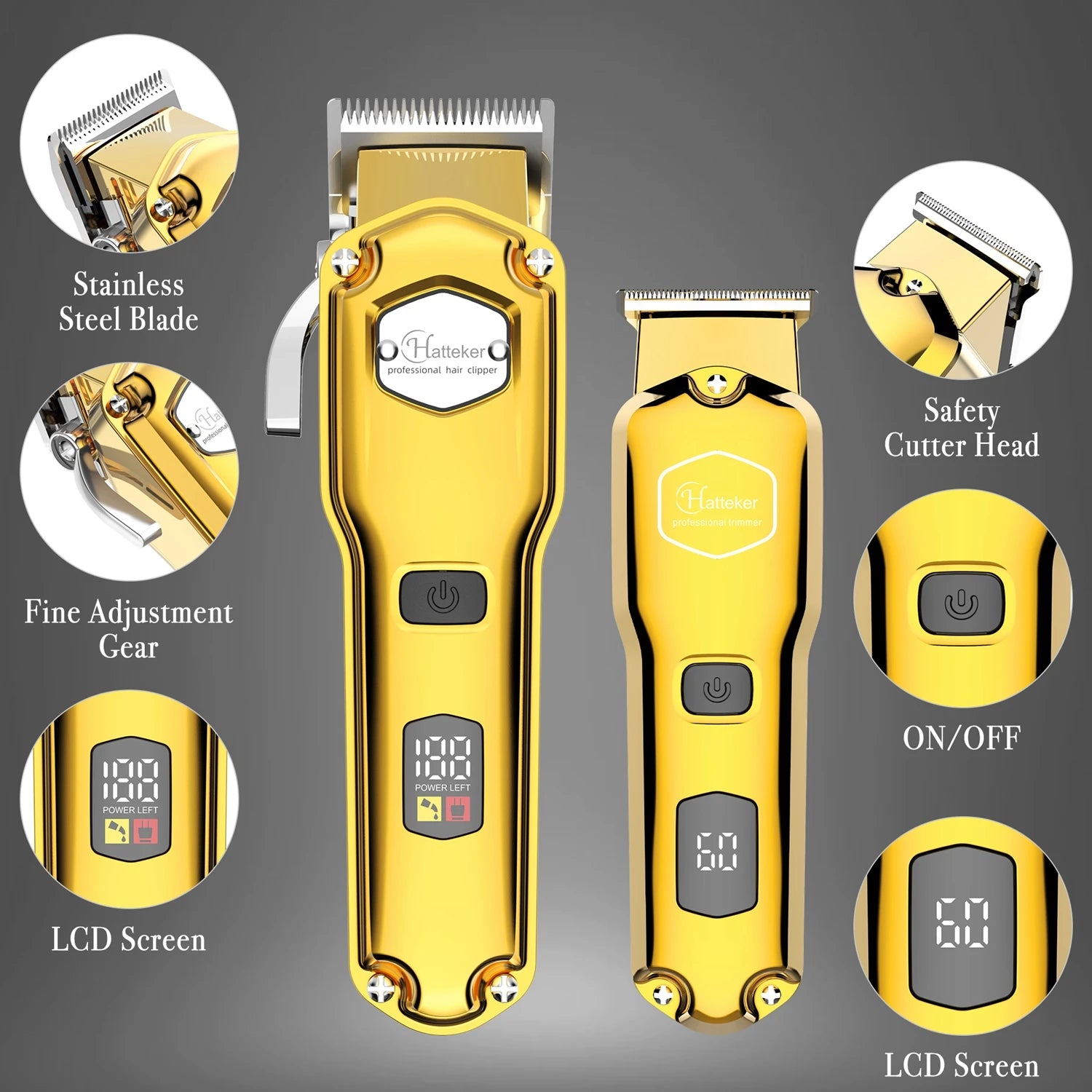 HATTEKER Professioneller Haarschneider für Herren, kabelloser Metall-Haarschneider und Trimmer-Set für den Haarschnitt
