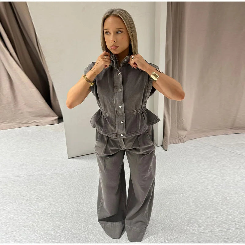 Jeansweste Lockere Lange Hose Damen Set Stehkragen Einreiher Taillierte Oberteile Hohe Taille Hose Schicke Lässige Damen Neue Sets