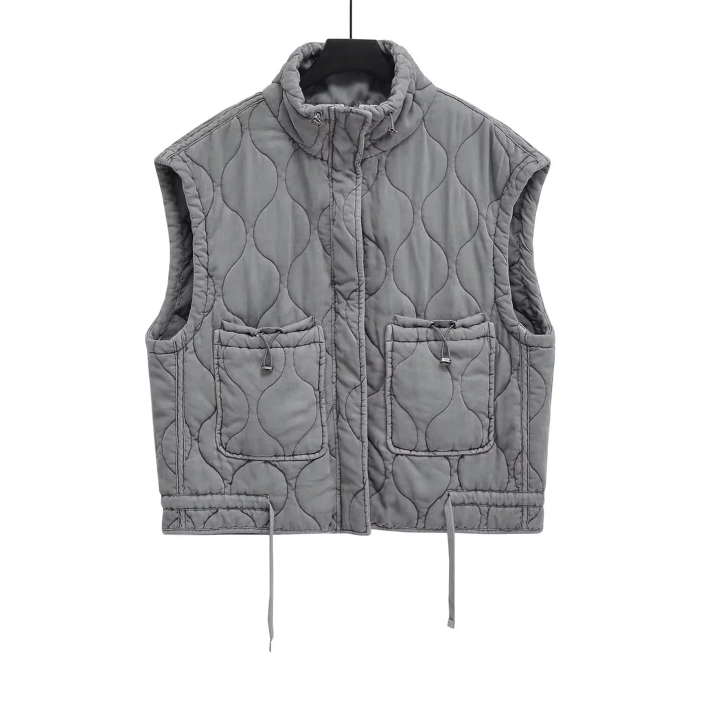 Herbst Winter Damen Stehkragen Leichte Ärmellose Baumwollweste Damen Taschendekoration Tanktop