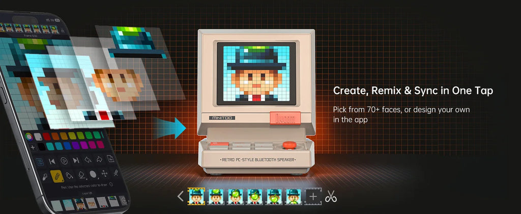 Divoom MiniToo Retro Bluetooth-Lautsprecher Tragbarer Pixel-Display-Musikbox Retro-Computer-Stil Lautsprecher Geschenk