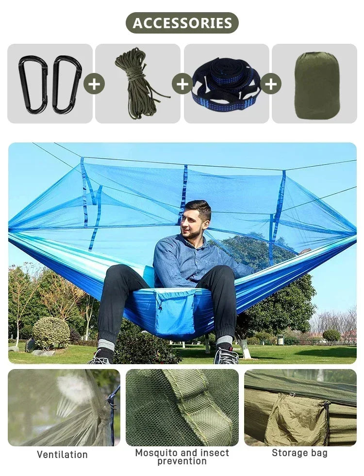 260x140cm Camping Hängematte Doppelgröße Fallschirm mit Moskitonetz Regenschutz Tarp Leicht für Wandern Reisen