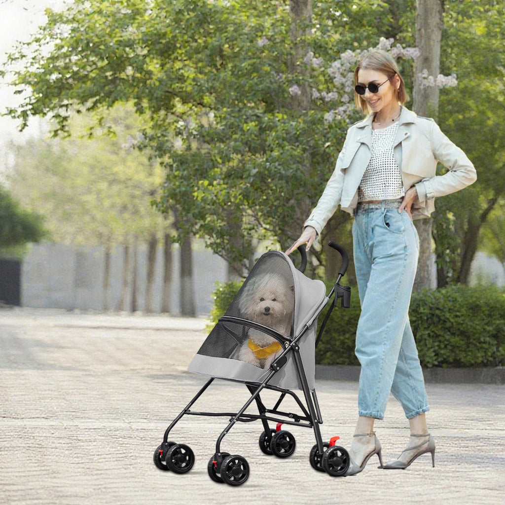 Animals stroller for small dogs and cats, foldable, with cup holder, 4 wheels, breathable mesh, large capacity, gray/blue/pink/black