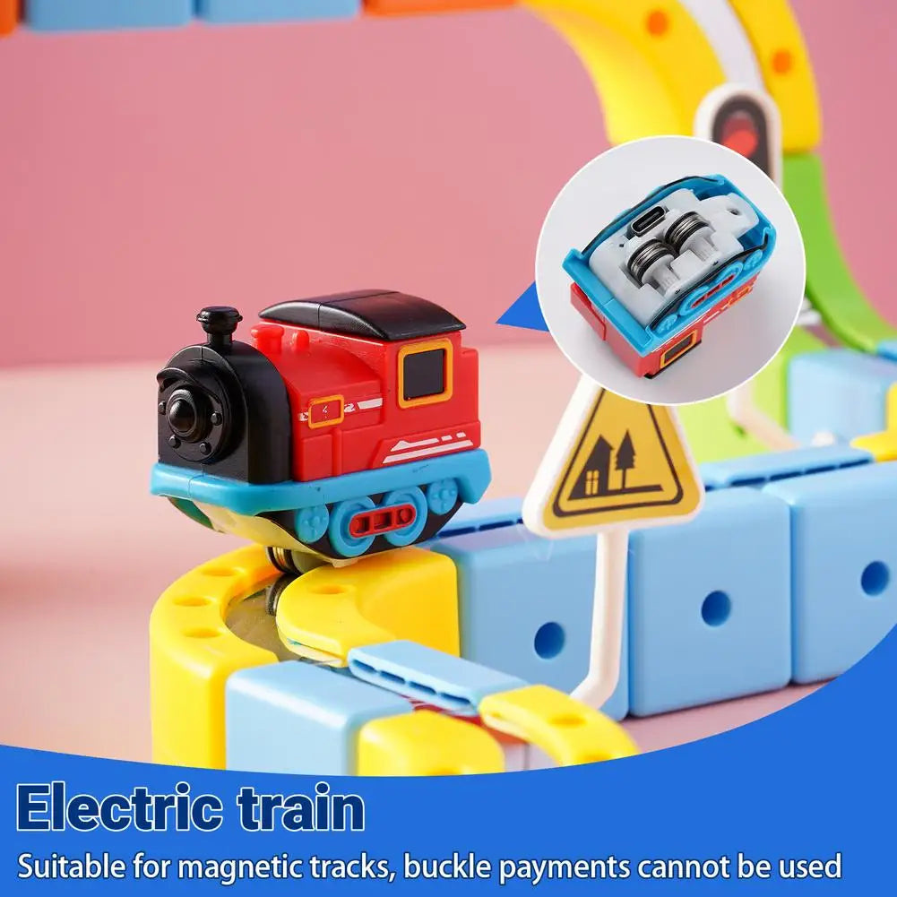 Magnetische elektrische Eisenbahnlokomotive Holzschiene Slot Diecast Eisenbahn mit zwei Waggons Holzzug Kinderspielzeug Biro Schiene