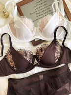 YUQI Französisches Retro-Spitzen-Dessous-Set – Push-up-Minimizer-BH mit weichem Bügel für große Oberweite, sexy Bralette- und Höschen-Set, Bestseller