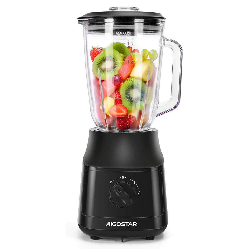Aigostar Standmixer und Smoothie Maker, 1,5 Liter Glasbehälter, Titanbeschichtete Klingen, Eisfunktion, 2 Geschwindigkeiten + Pulsfunktion