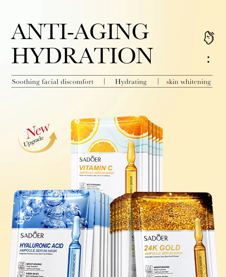 10 St. SADOER 24K Gold Vitamin C Hyaluronsäure Gesichtsmaske Feuchtigkeitsspendend Straffend Hydrierend Gesichtsmasken Hautpflegeprodukte