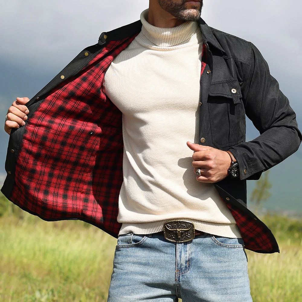 Men's Jackets Spring Flannel Lined Shirt Coat Shacket Casual Snap Button Overshirt Western Cowboy Style High Quality Top US Size