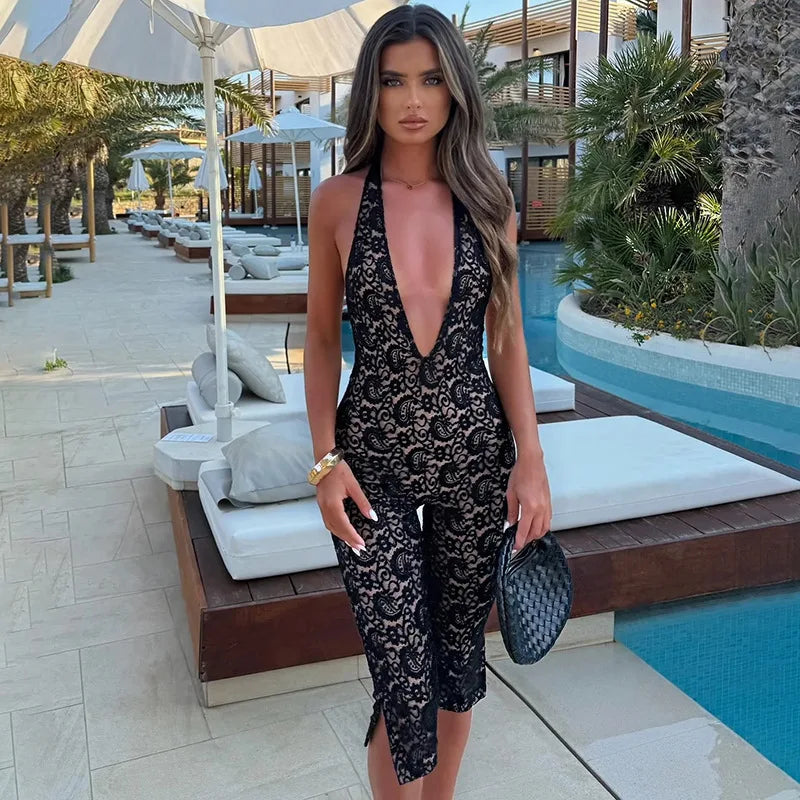Avrilyaan Spitze Sieben-Punkte-Hose Bodycon Sexy Party Tiefer V-Ausschnitt Playsuits Damen Strampler Damen Jumpsuit 2025 Sommer Overalls