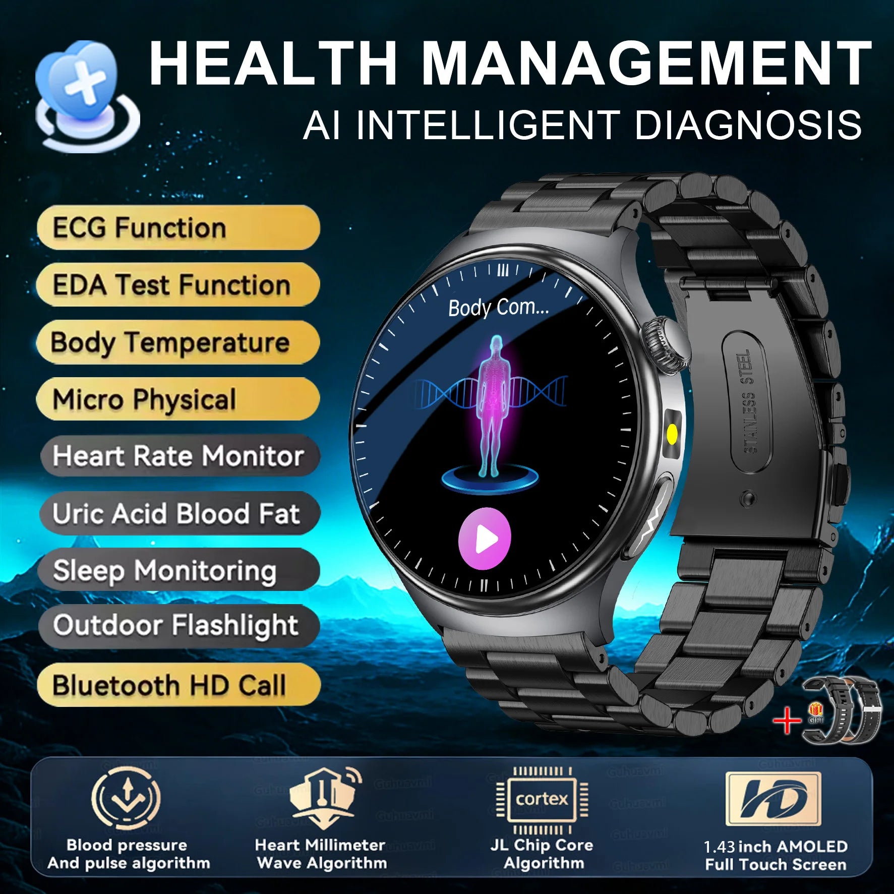 2026 Neue genaue Körpergesundheitsanalyse Smartwatch Herren EKG Blutfette Harnsäure Blutdruck Körperfett Sprachanruf Smartwatch