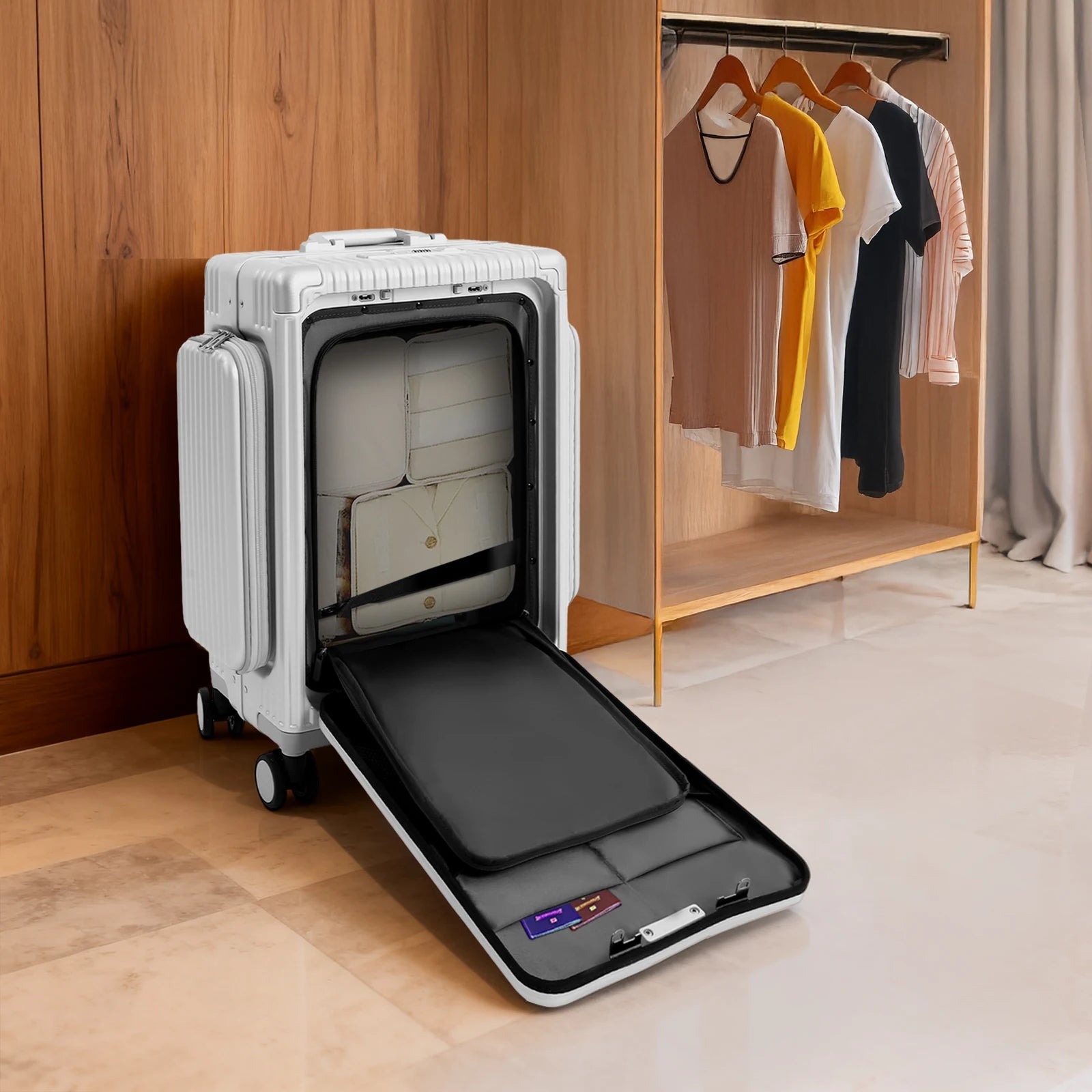 Moderner 20-Zoll PC-Gepäckkoffer, Aluminiumlegierung, Hartschale, Reisekoffer mit 4 Rollen, 3-Öffnungs-Struktur für Reisen