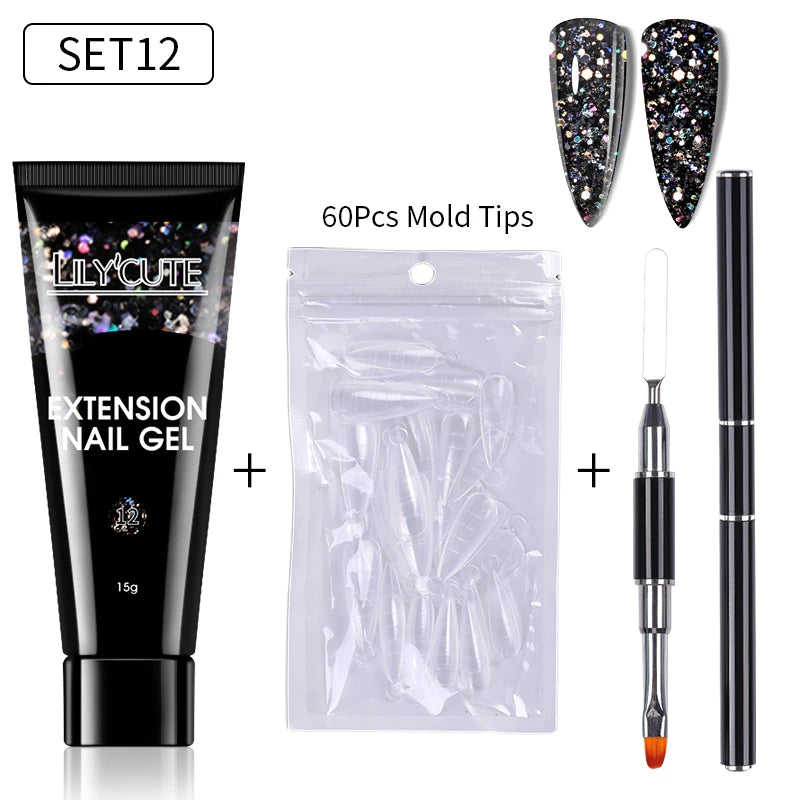 LILYCUTE 15ml Verlängerungsgel-Nagellack-Set Quick Nail Prolong mit Verlängerungsform-Nagelspitzen Acryl-Lösung Maniküre-Werkzeug-Kit