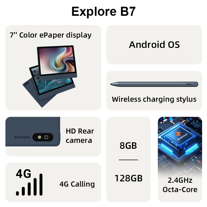 Bigme B7 E-Book-Reader, 7'' E-Ink-E-Reader, 300PPI, 8+128GB, Android 14 offenes System, Handschriftliches E-Book-Tablet mit 5MP Rückkamera