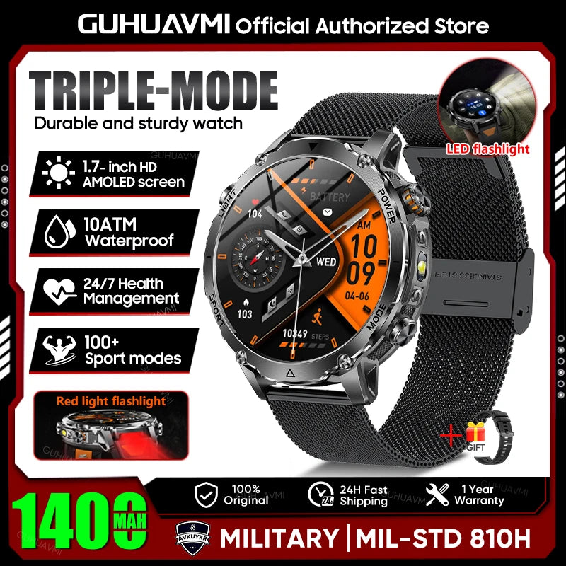 2026 Neue TANK Ultra 1400mAh Akku Militär Smartwatch 10ATM Wasserdicht Herzfrequenz Taktische LED Taschenlampe Herren Sportarmband