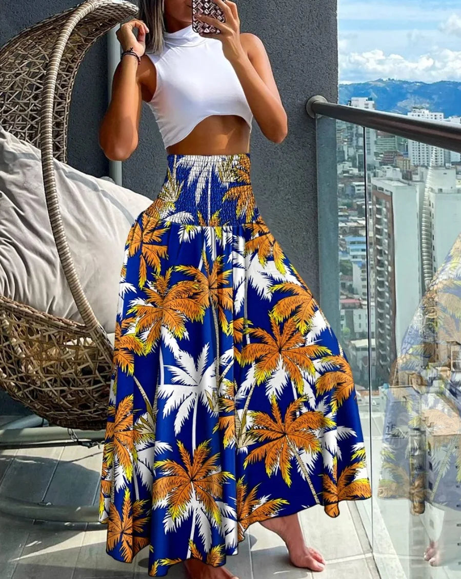 Mode Baumwolle Damen Blumenmuster Rock Seitliche Krawatte Strandröcke Sommer High Waist Wickel Blumen Langer Rock