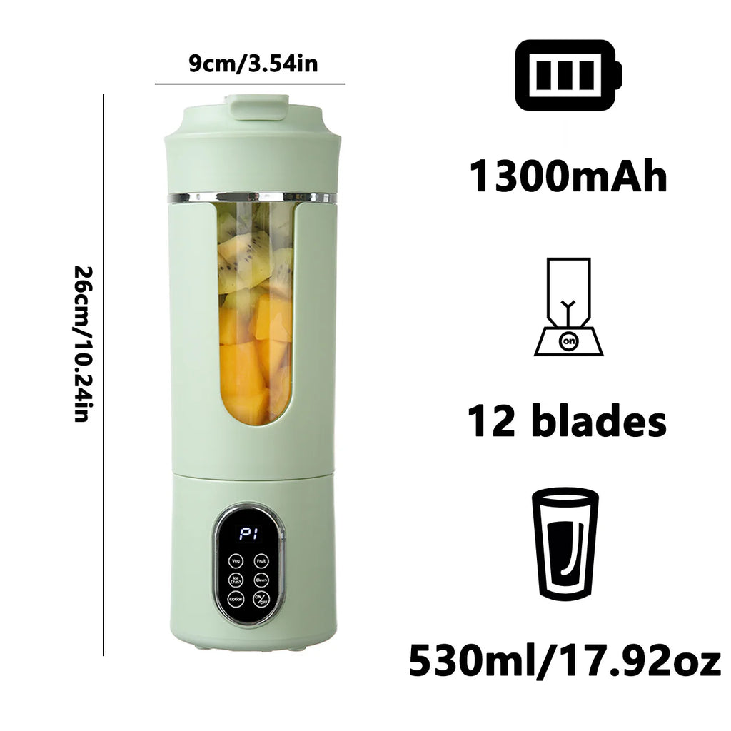 Neuer tragbarer Entsafter 530 ml, kabelloses USB-Laden, zerkleinertes Eis, elektrischer Entsafter, 12 Klingen, 4 Gänge, 7,4 V Mini-Frischsaftmixer