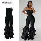 New One Pieces Jumpsuits Women Black Strapless Sleeveless Sexy Rompers Slim Fit Long Ruffles Flare Pant Night Club Even Overalls