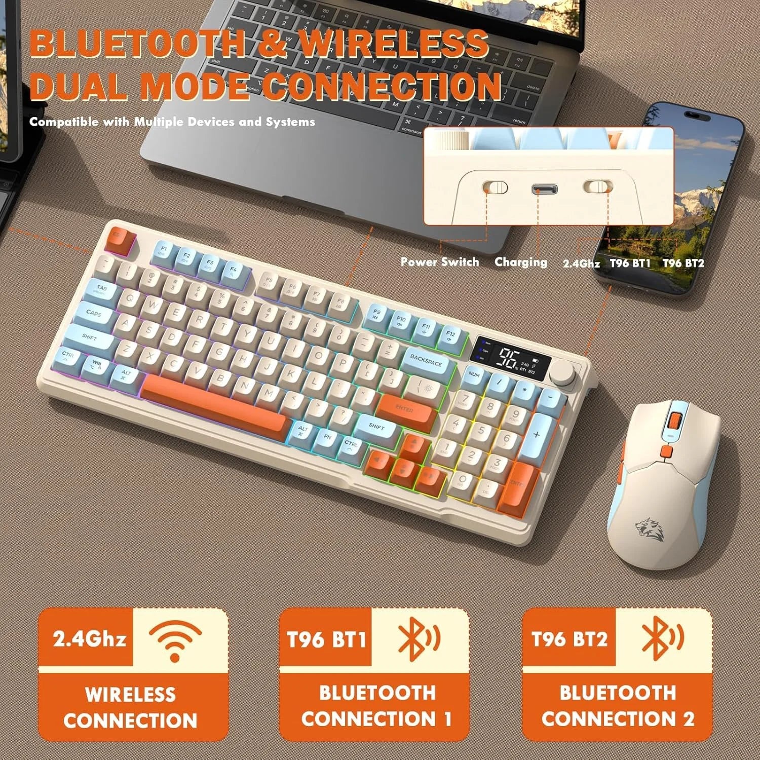 ZIYOU LANG T96 Wireless Gaming Keyboard and Mouse Combo, BT/2.4G RGB Backlit with Smart Display & Knob, 4000 DPI Gaming Mouse Zweitbild