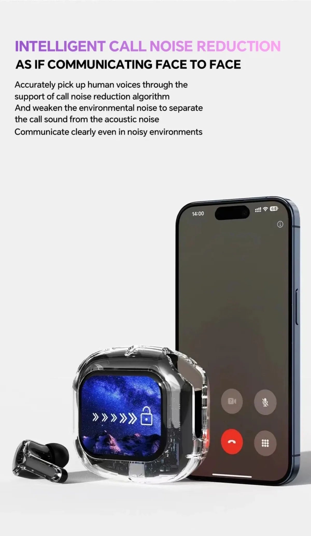 Übersetzung Kopfhörer mit Touchscreen Kabellos Bluetooth 5.4 Smart Earphone HiFi Audio Hohe Qualität Transparente Hülle Headset